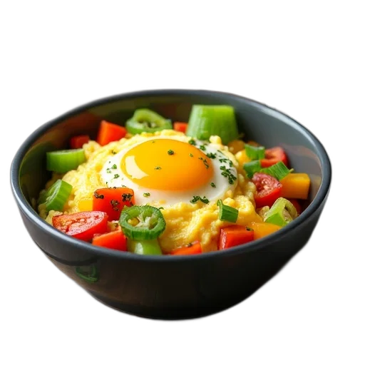 food, 3d render, photorealistic, bowl, colorful, vegetables, eggs, placed transparent PNG cut-out