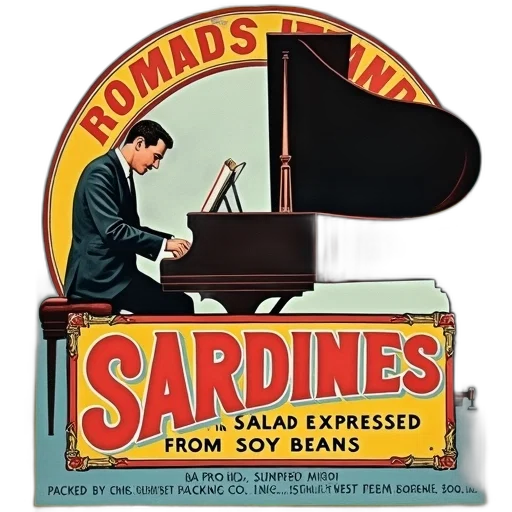 food, vintage-style, label, featuring, man, playing, grand, piano transparent PNG cut-out