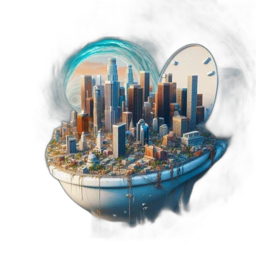 concept art, 3d render, fantasy art, photorealistic, fog, city, skyline, sits transparent PNG cut-out