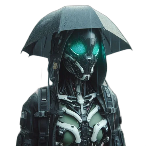 jacket, robot, umbrella, mask, cyberpunk, concept art, 3d render, pixel art transparent PNG cut-out