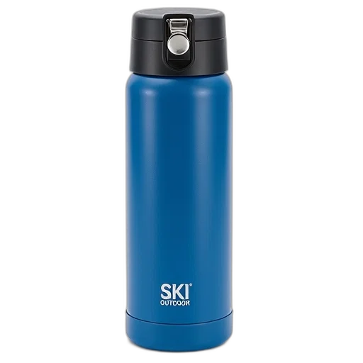 bottle, staff, blue, insulated, thermos, black, cap, silver transparent PNG cut-out