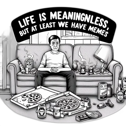 food, cartoon, comic book art, man, sits, alone, amid, clutter transparent PNG cut-out