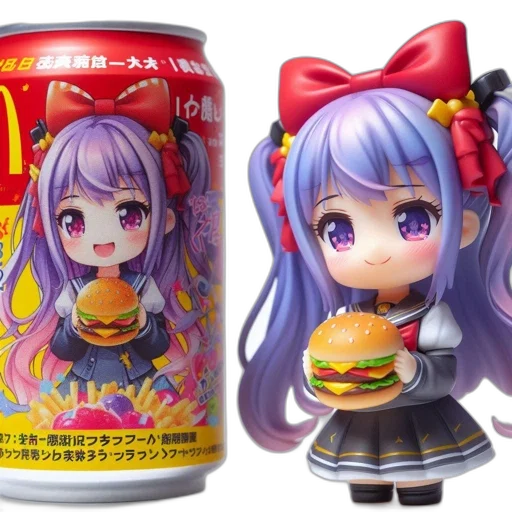 food, bottle, 3d render, vaporwave, anime, chibi-style, girl, figurine transparent PNG cut-out