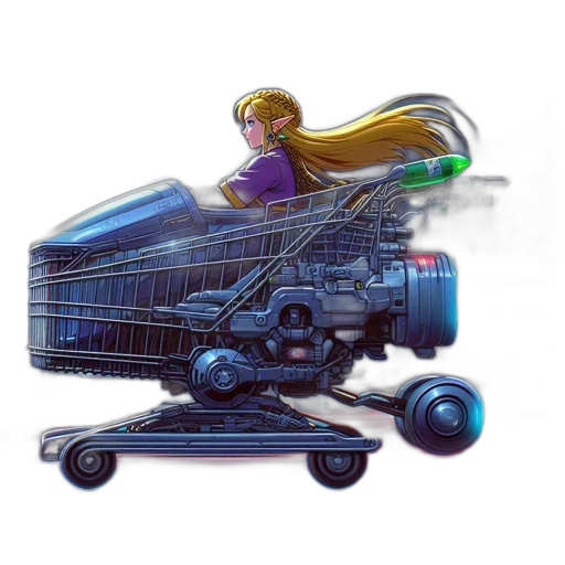 weapon, robot, car, hair, concept art, 3d render, pixel art, vaporwave transparent PNG cut-out