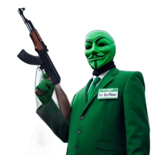 mask, weapon, jacket, concept art, 3d render, pixel art, comic book art, green transparent PNG cut-out
