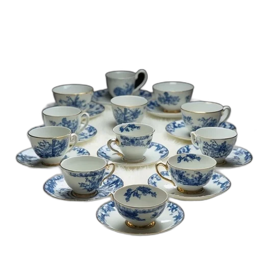 collection, antique, porcelain, teacups, saucers, displayed, white, carpet transparent PNG cut-out