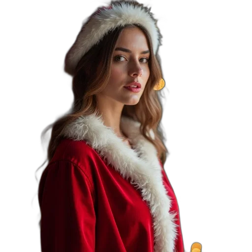 hat, dress, jacket, jewelry, photorealistic, christmas, woman, santa transparent PNG cut-out