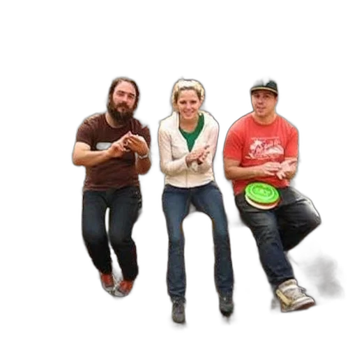 staff, three, people, sit, log, woods, frisbees transparent PNG cut-out