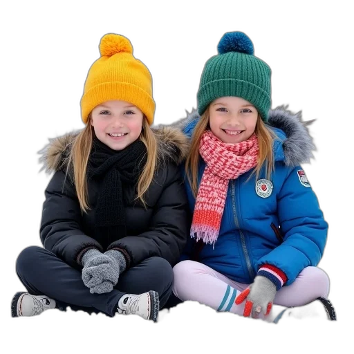 hat, 3d render, photorealistic, snow, two, young, girls, sitting transparent PNG cut-out