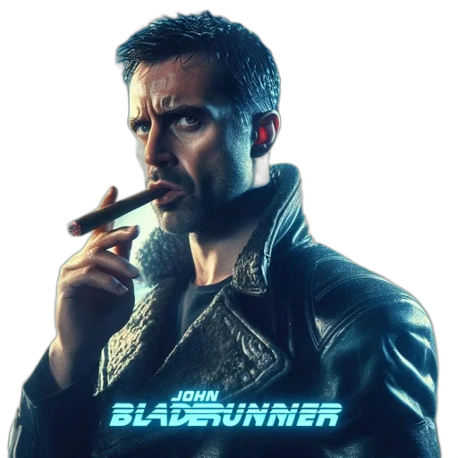 jacket, cyberpunk, comic book art, concept art, blue, man, leather, smokes transparent PNG cut-out