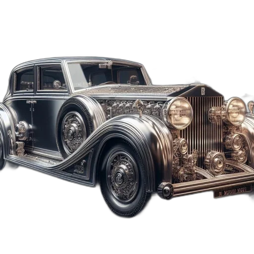 car, photorealistic, 3d render, concept art, vintage, silver, showcases, intricate transparent PNG cut-out