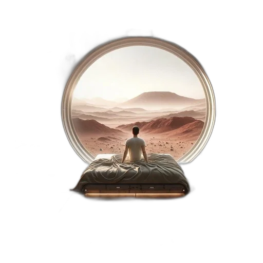furniture, concept art, photorealistic, 3d render, fantasy art, outer space, sunset, earth tones transparent PNG cut-out
