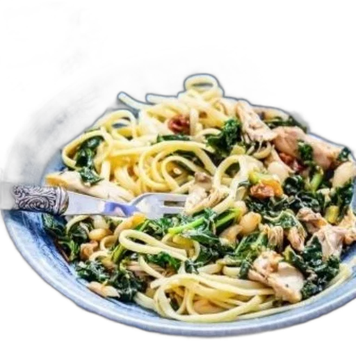 food, photorealistic, 3d render, blue, plate, pasta, chicken, spinach transparent PNG cut-out