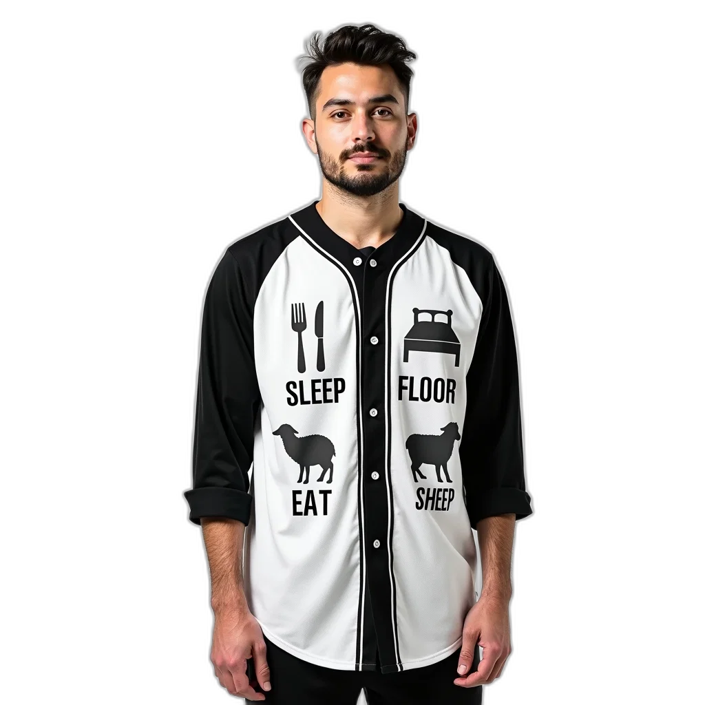 jacket, man, wearing, black, white, baseball, jersey, words transparent PNG cut-out