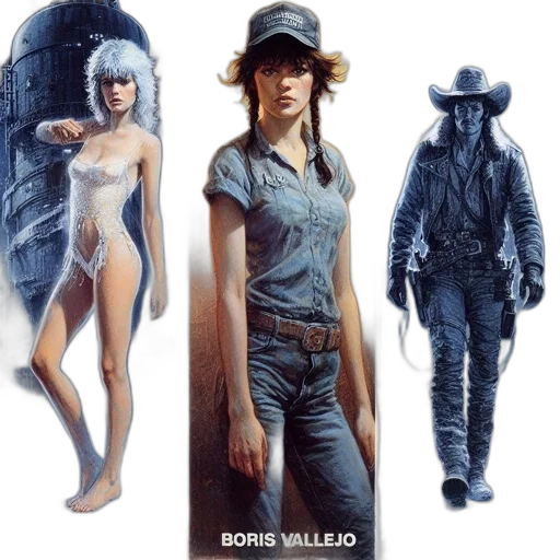 concept art, comic book art, three, separate, artworks, feature, individuals, various transparent PNG cut-out