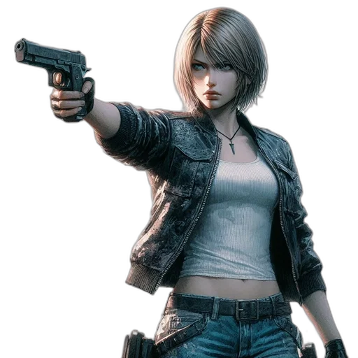 jacket, weapon, concept art, cyberpunk, comic book art, 3d render, woman, determined transparent PNG cut-out