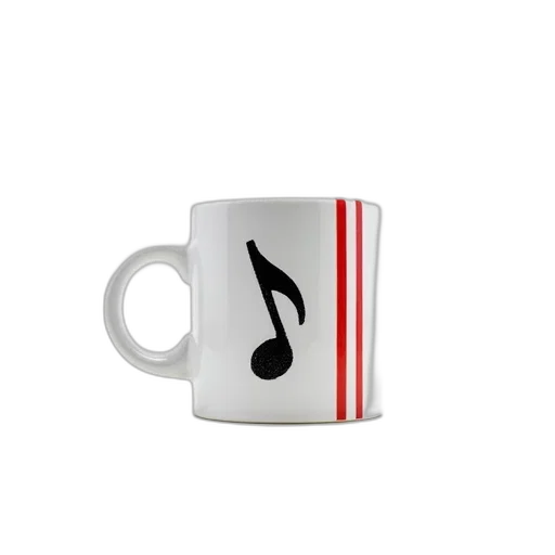 photorealistic, white, mug, red, stripe, side, black, musical transparent PNG cut-out