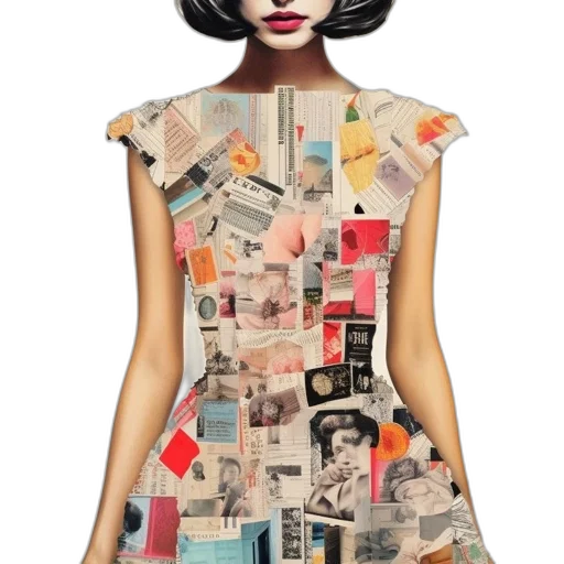 dress, cartoon, woman, striking, collaged, intense, gaze, plain transparent PNG cut-out