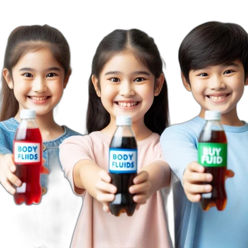 bottle, food, photorealistic, 3d render, three, children, two, girls transparent PNG cut-out