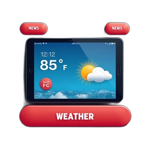 red, digital, tablet, screen, displaying, weather, app, button transparent PNG cut-out