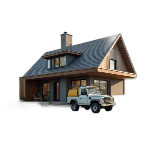 car, building, 3d render, photorealistic, concept art, earth tones, house, being transparent PNG cut-out