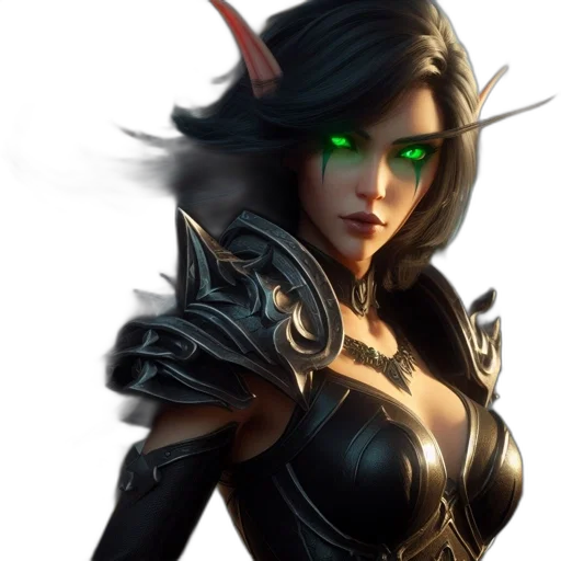 fantasy art, concept art, comic book art, 3d render, dark, green, elven, woman transparent PNG cut-out