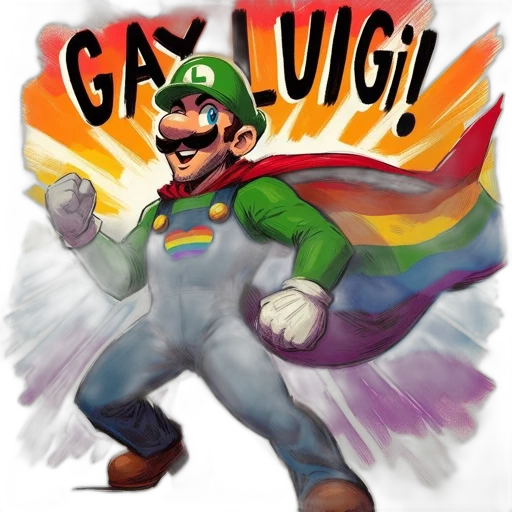 concept art, pixel art, comic book art, illustrated, portrayal, gay-pride-themed, luigi, features transparent PNG cut-out