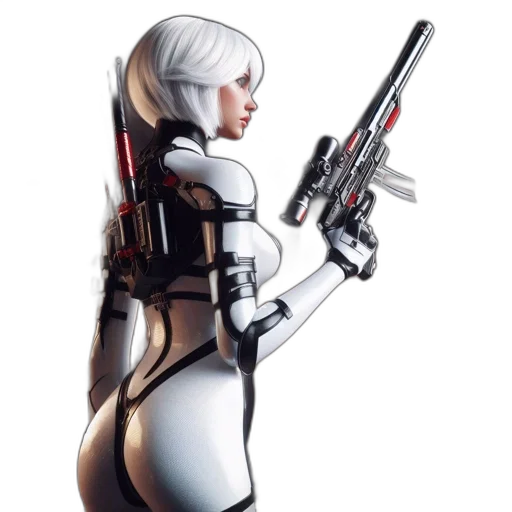 robot, weapon, concept art, cyberpunk, 3d render, comic book art, woman, short transparent PNG cut-out