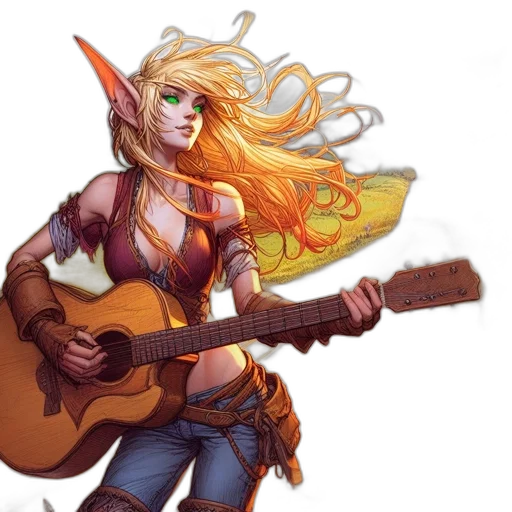 fantasy art, concept art, pixel art, comic book art, elfin, figure, holds, guitar transparent PNG cut-out