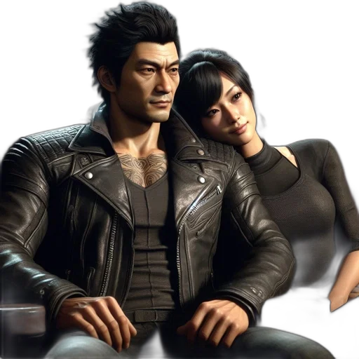 jacket, concept art, 3d render, photorealistic, two, characters, sit, together transparent PNG cut-out