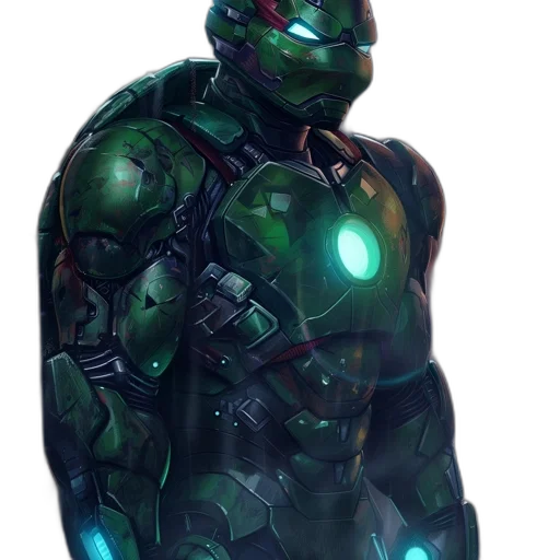 robot, mask, concept art, cyberpunk, comic book art, 3d render, green, battle-worn transparent PNG cut-out