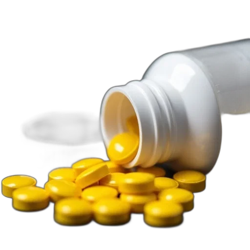 golden, close-up, image, white, pill, bottle, cap, partially transparent PNG cut-out