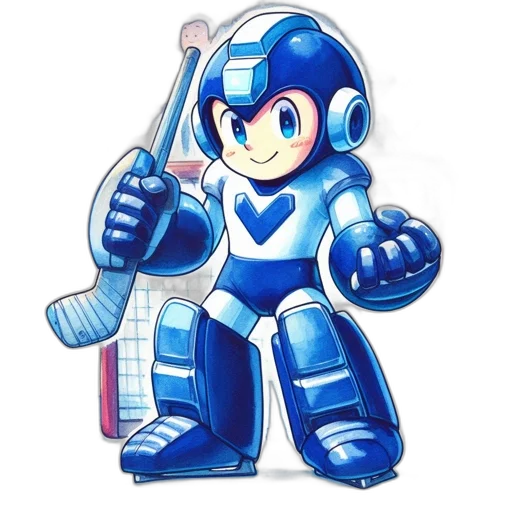 robot, staff, weapon, pixel art, concept art, 3d render, comic book art, blue transparent PNG cut-out