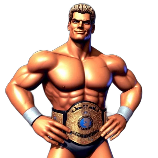3d render, concept art, comic book art, muscular, wrestler, adorned, gold, championship transparent PNG cut-out