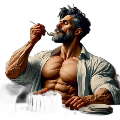 food, concept art, photorealistic, comic book art, fantasy art, muscular, man, white transparent PNG cut-out