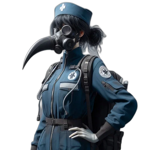 mask, staff, jacket, robot, concept art, cyberpunk, 3d render, photorealistic transparent PNG cut-out