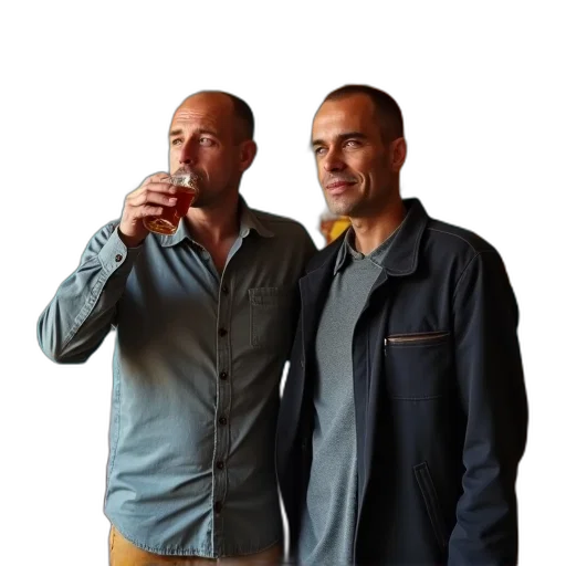 jacket, bottle, staff, food, two, men, one, drinking transparent PNG cut-out