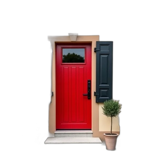 3d render, photorealistic, red, beige, european-style, house, door, black transparent PNG cut-out