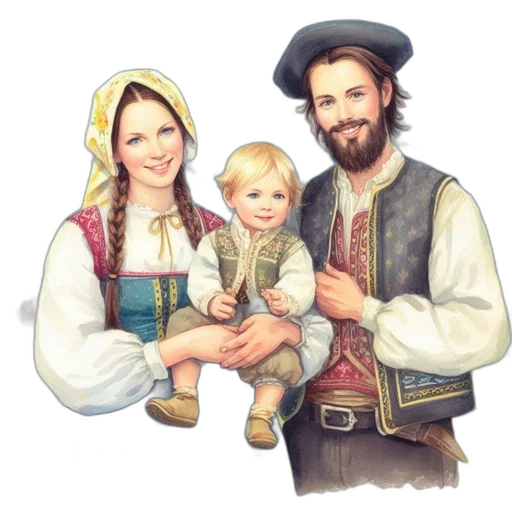face, oil painting, photorealistic, watercolor, fantasy art, snow, family, three transparent PNG cut-out