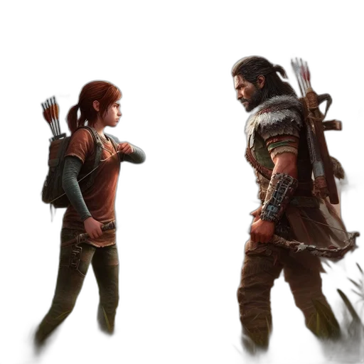 concept art, fantasy art, 3d render, pixel art, two, archers, one, young transparent PNG cut-out