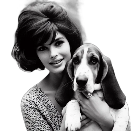 animal, photorealistic, old, photo, shows, woman, holding, basset transparent PNG cut-out