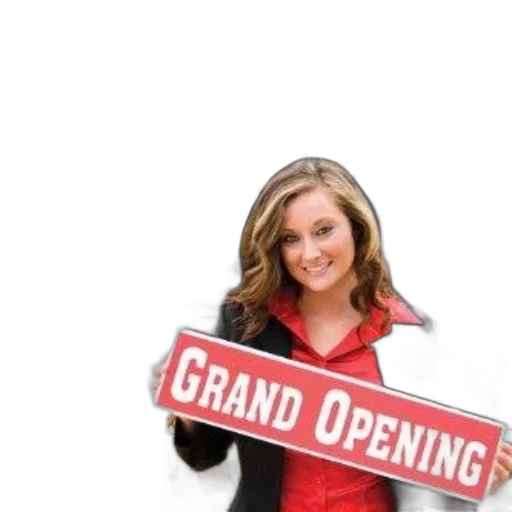 staff, woman, holds, grand, opening, sign, front, store transparent PNG cut-out