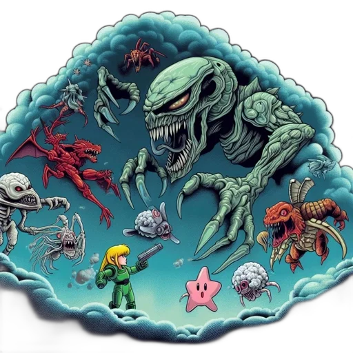 creature, concept art, pixel art, comic book art, fantasy art, underwater, outer space, green transparent PNG cut-out