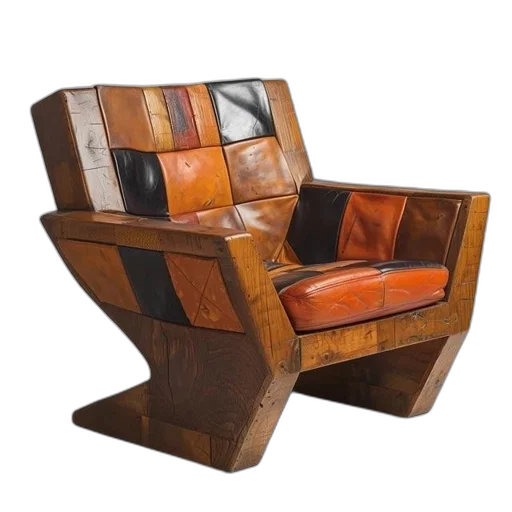 furniture, 3d render, wooden, chair, geometric, shape, features, patchwork transparent PNG cut-out