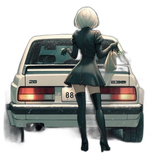 car, dress, jacket, weapon, anime, concept art, vaporwave, cyberpunk transparent PNG cut-out