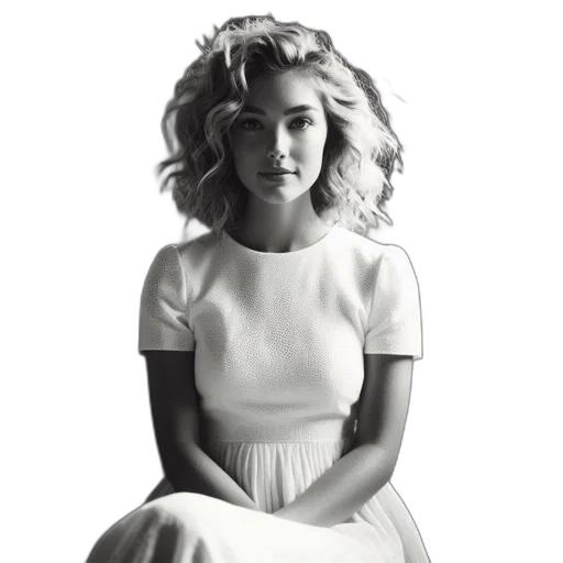 dress, crown, hair, face, photorealistic, woman, white, sits transparent PNG cut-out