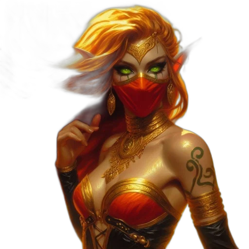 mask, fantasy art, concept art, comic book art, cyberpunk, golden, red, woman transparent PNG cut-out
