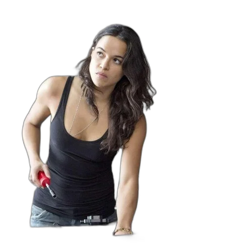 weapon, staff, woman, black, tank, top, jeans, stands transparent PNG cut-out