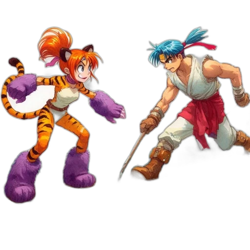 concept art, 3d render, fantasy art, pixel art, two, animated, characters, one transparent PNG cut-out