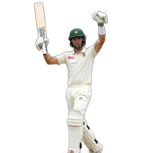 cricket, player, celebrating, wicket, raised, fist, bat, above transparent PNG cut-out